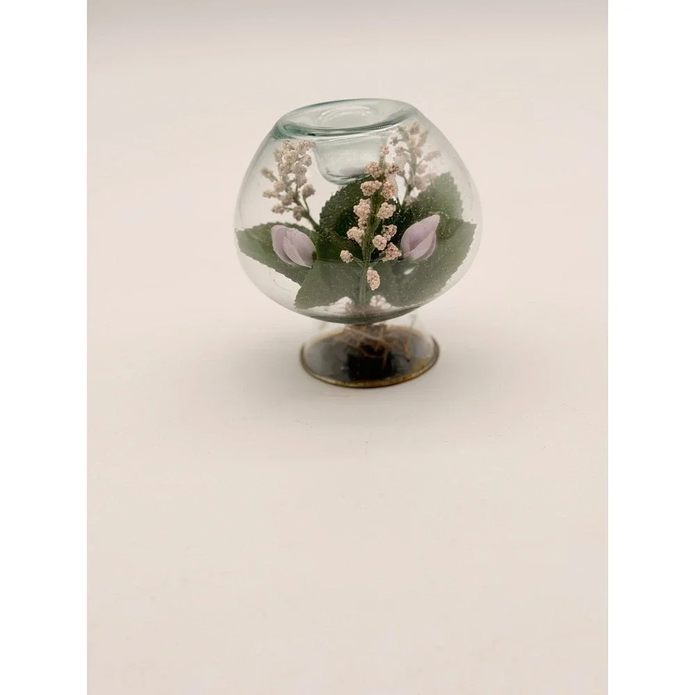 Vintage Glass Terrarium Votive Candle Holder Purple Faux Flowers Pedestal Globe